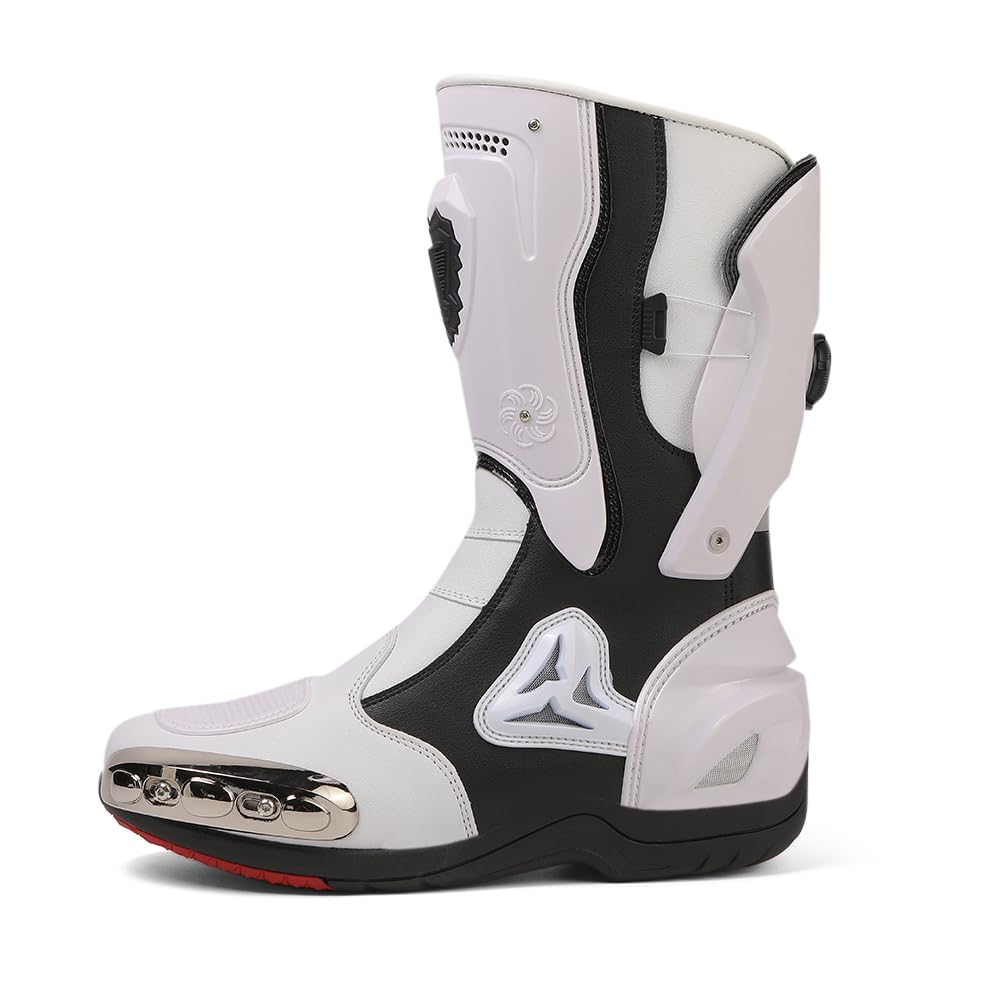 Zeozoom white leather motorcycle boots, front view, protective toe for confident grip