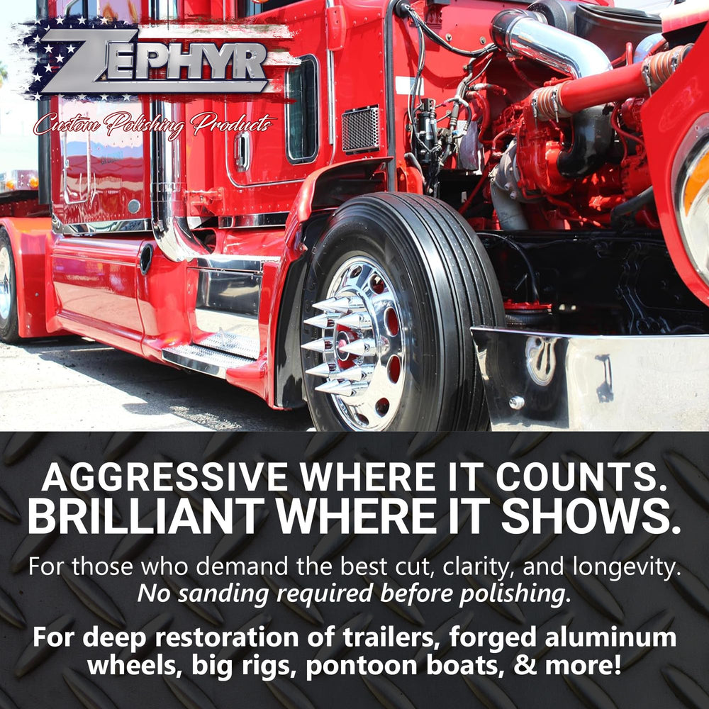 Zephyr American Shine flannel wheel provides ultra-reflective finish for show-quality shine.