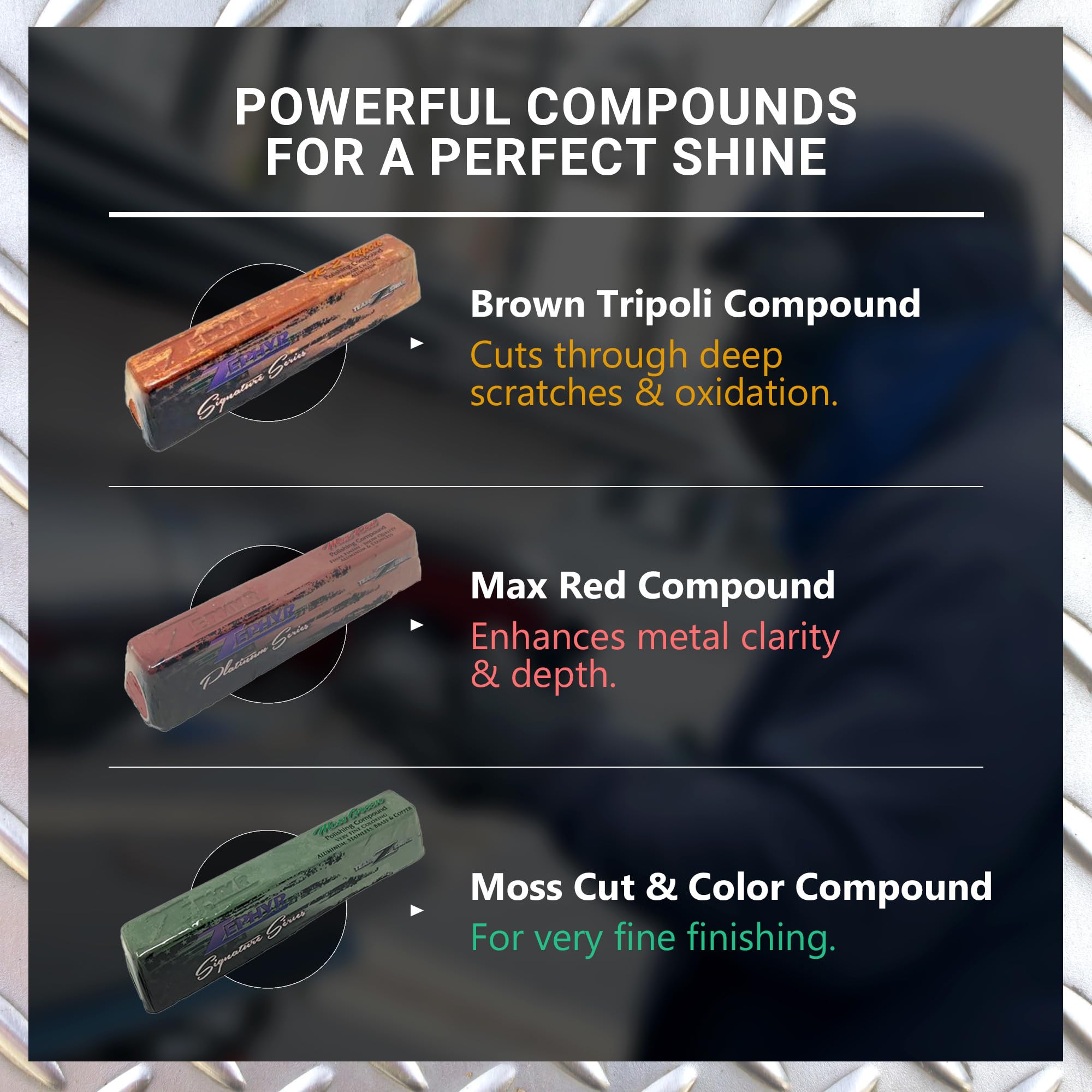 Zephyr American Shine Pro 40 polish bottle supports precise metal finishing.