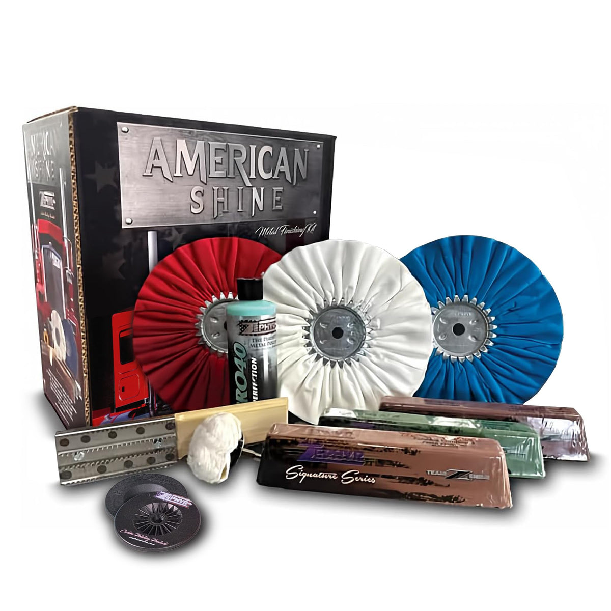 Zephyr American Shine three-step system wheels for efficient metal restoration on multiple surfaces.