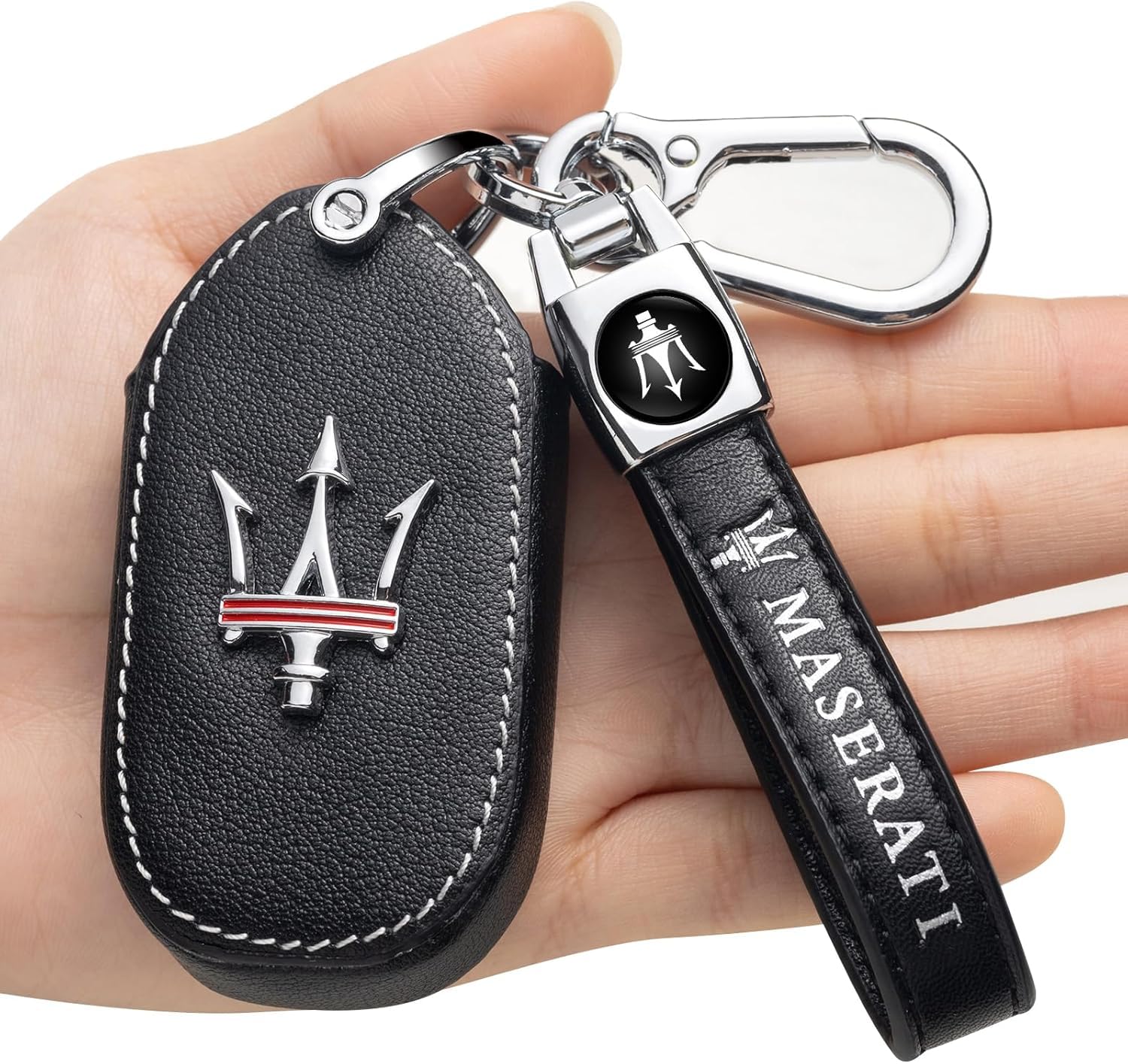 ZERAL black leather key fob cover for Maserati, comfortable grip in hand