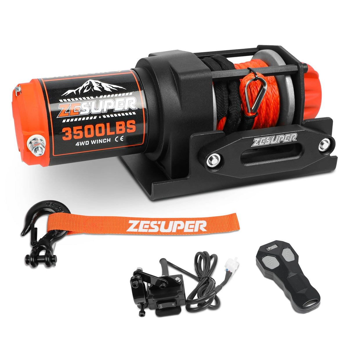 ZESUPER 3500 lb winch mounted on ATV for quick self-recovery.