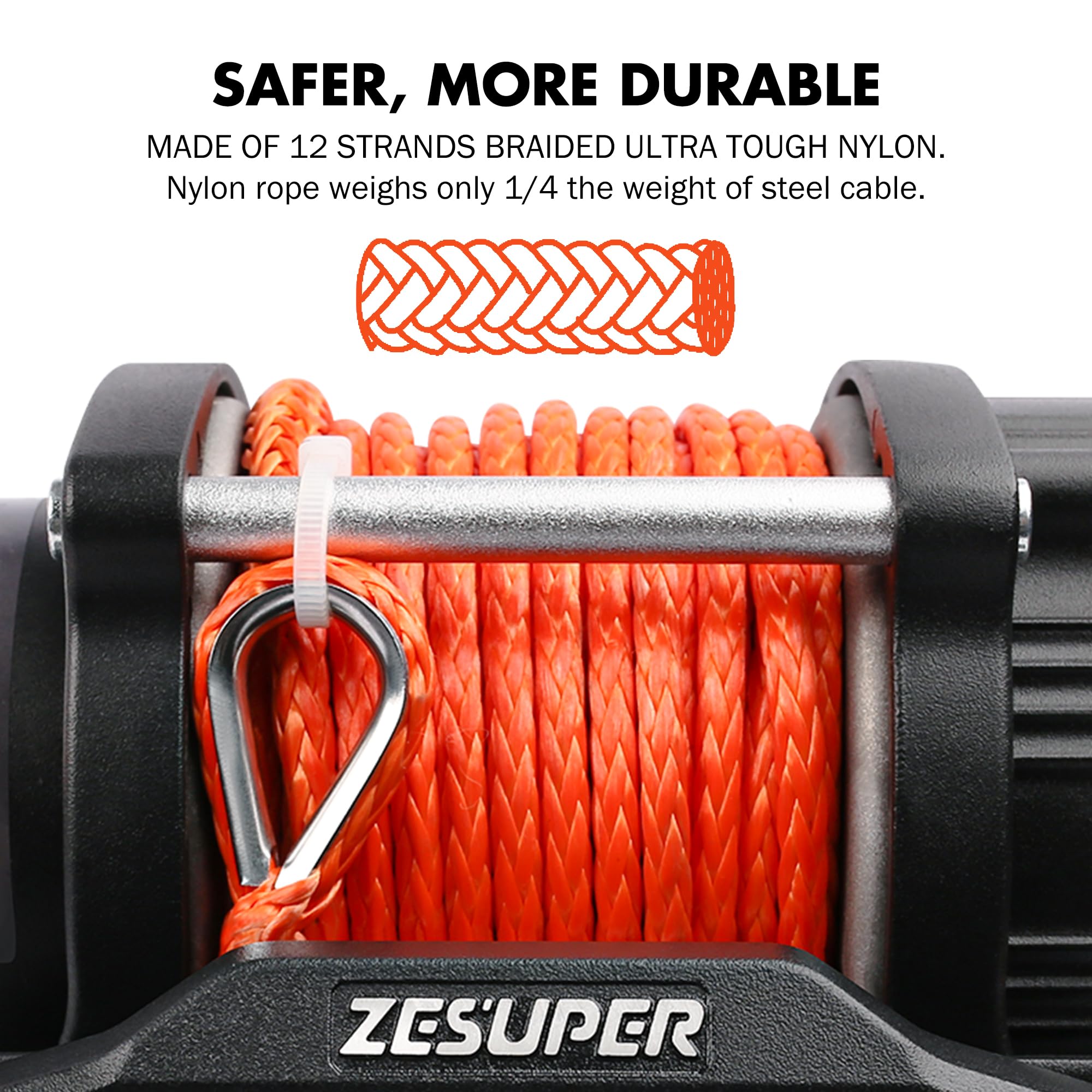ZESUPER 4500lb winch synthetic rope close-up lighter and safer line.