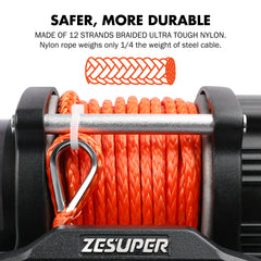 ZESUPER 4500lb winch synthetic rope close-up lighter and safer line.