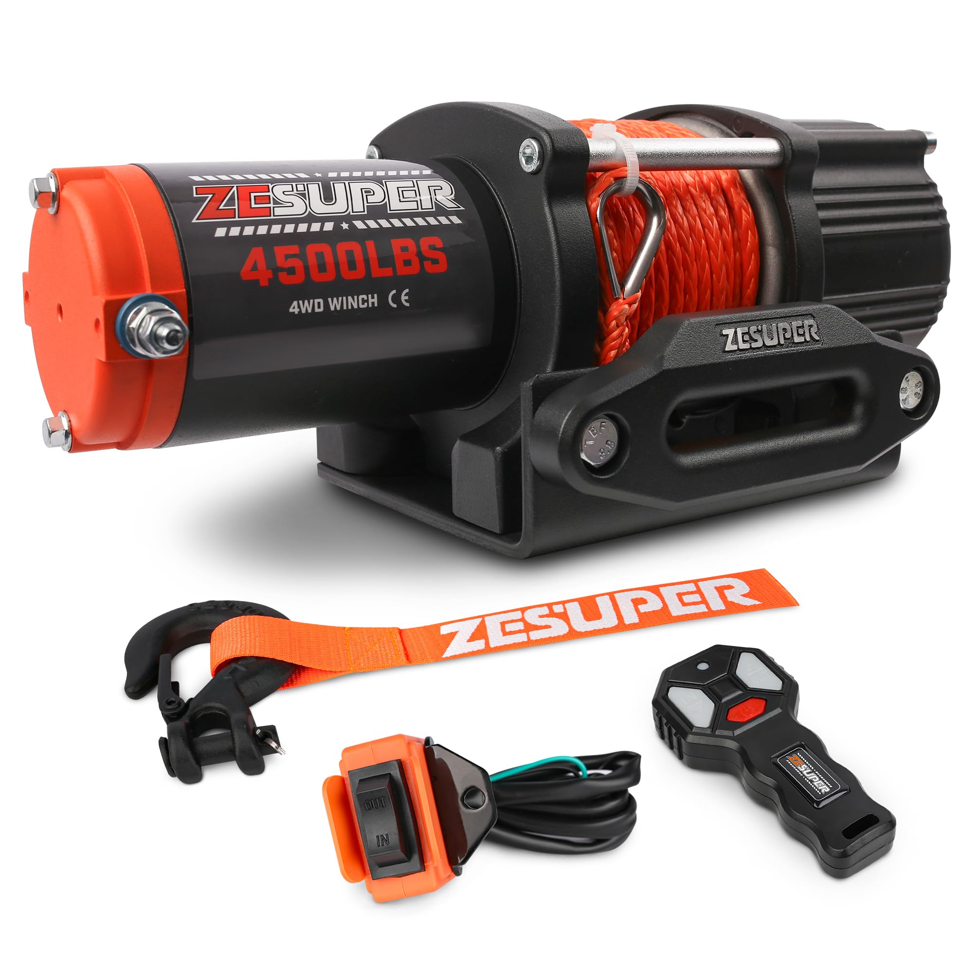 ZESUPER 4500lb winch top view shows compact off road design.