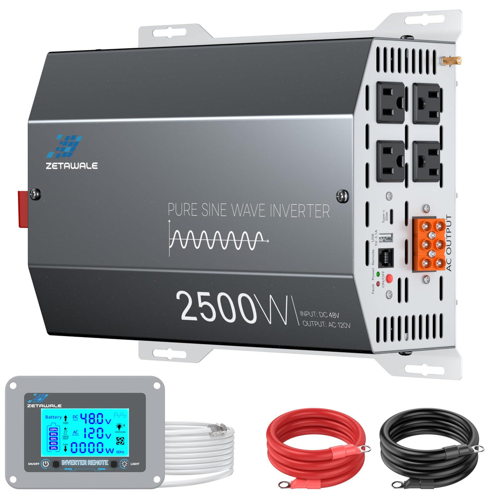 ZETAWALE 2500W inverter front view demonstrating compact design for off-grid setups.