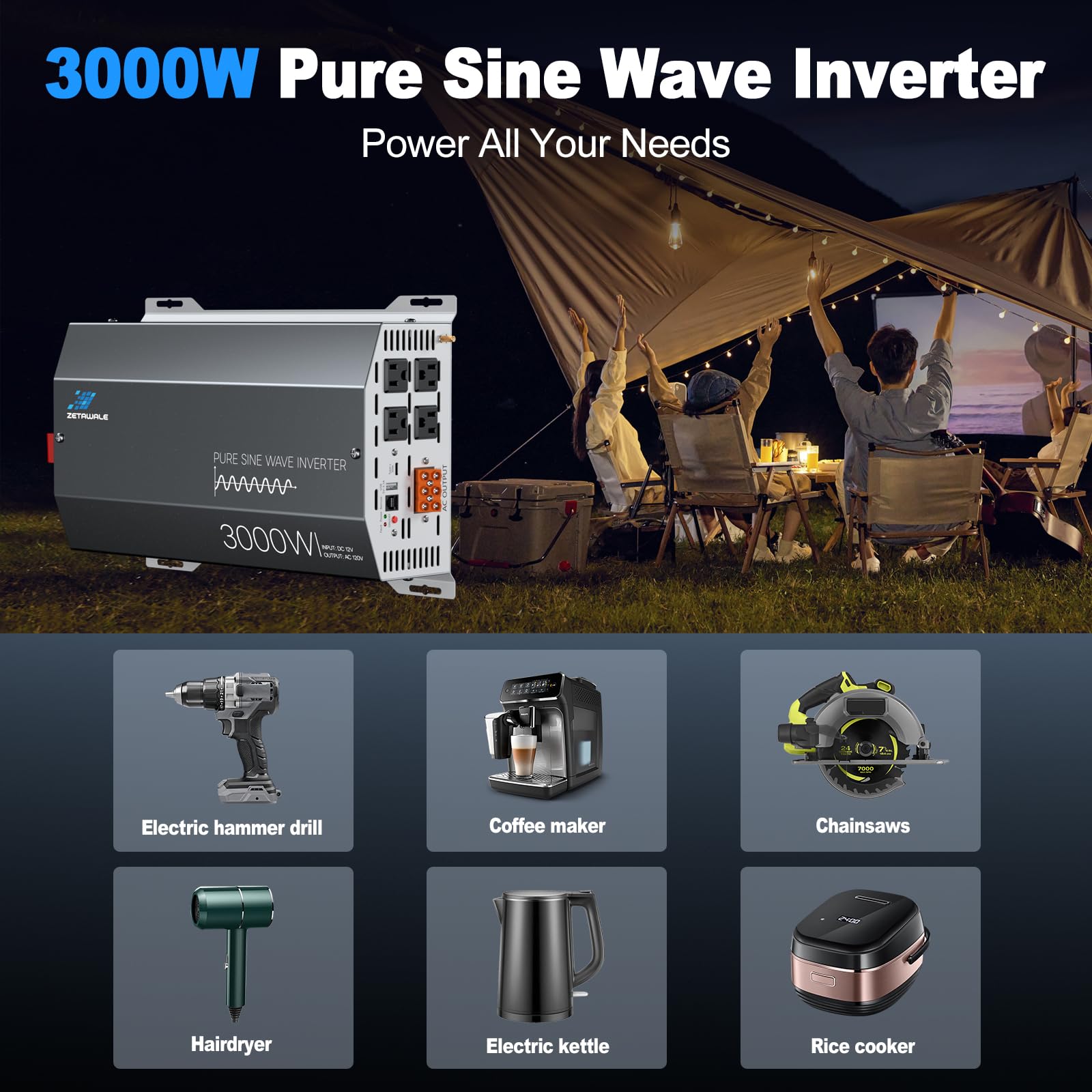ZETAWALE 3000W inverter USB-C ports for convenient device charging