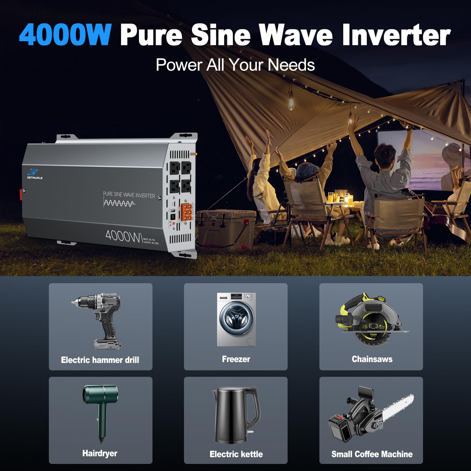 ZETAWALE 4000W inverter four AC outlets for multiple devices