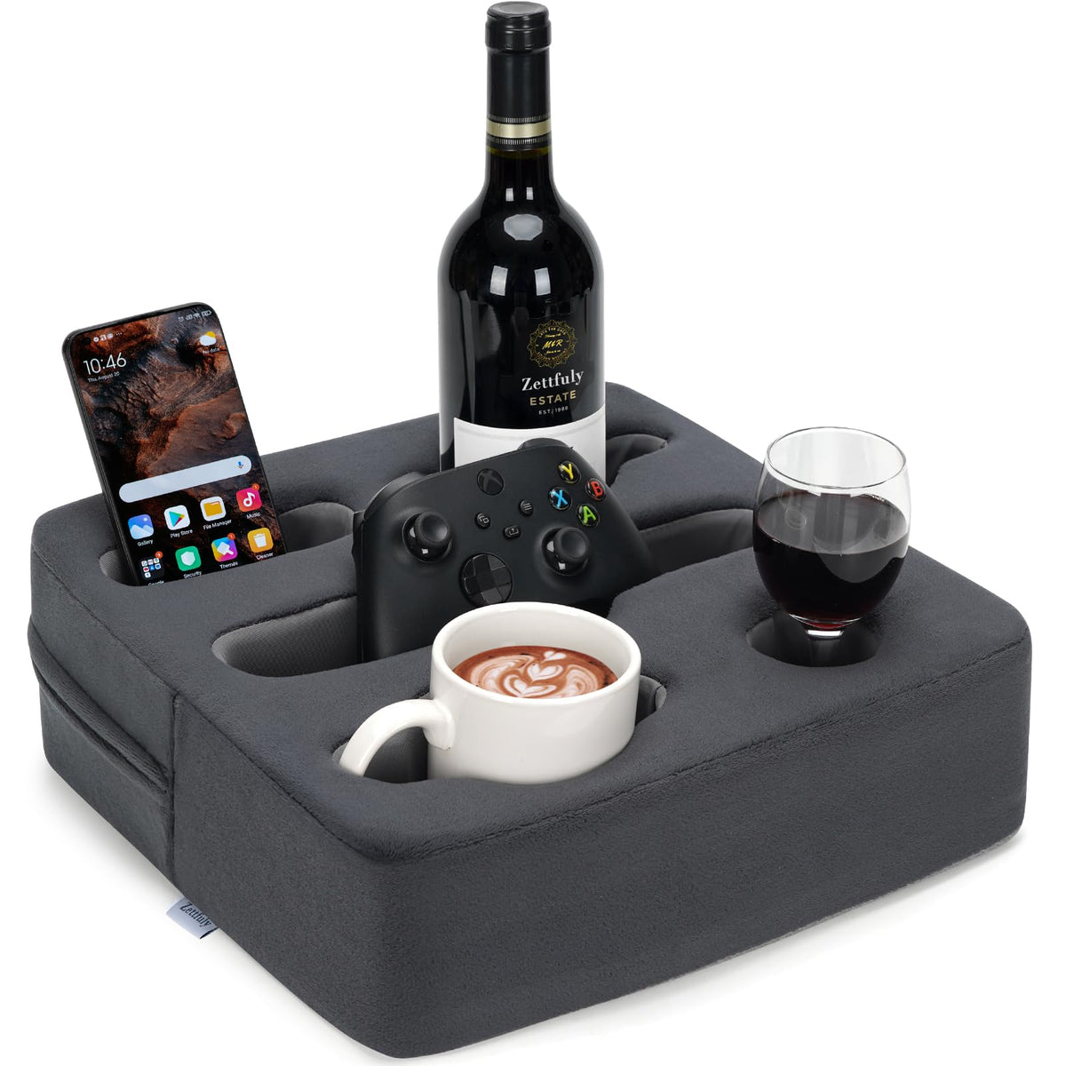 Zettfuly Couch Cup Holder Pillow on sofa keeps drinks within reach for relaxing moments