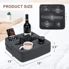 Zettfuly cup holder pillow has five holes for cups and snacks on soft surface