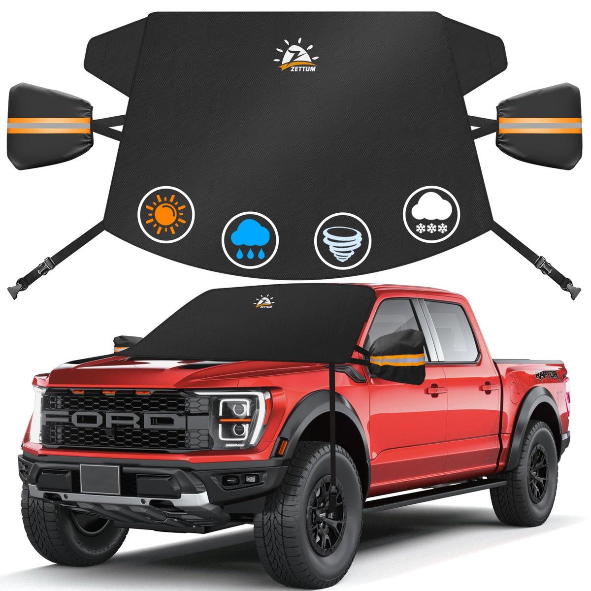 Zettum truck windshield cover protects against ice and snow for quick morning visibility.