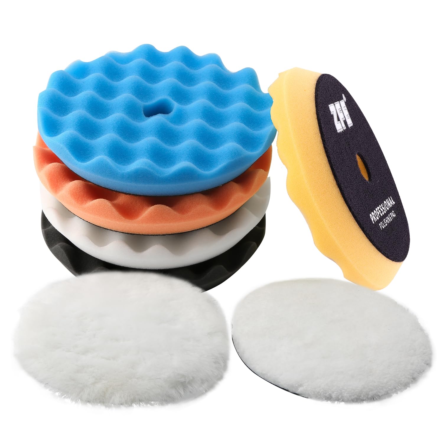 ZFE 7Pcs 6in buffing pad set for efficient car polishing and waxing.