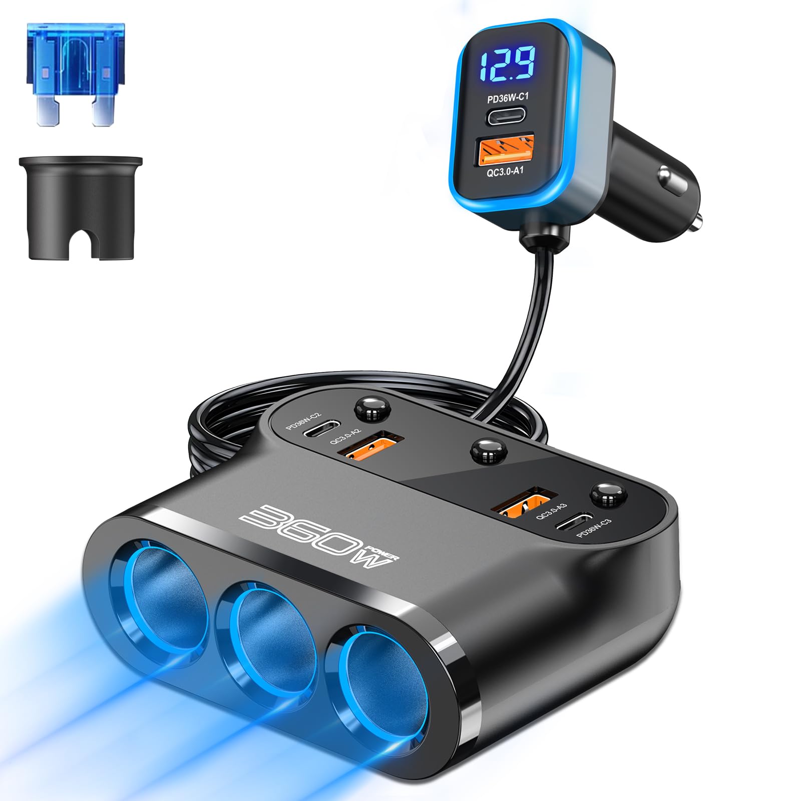 Zhaobeimao cigarette-lighter splitter 360W for charging multiple devices in cars.