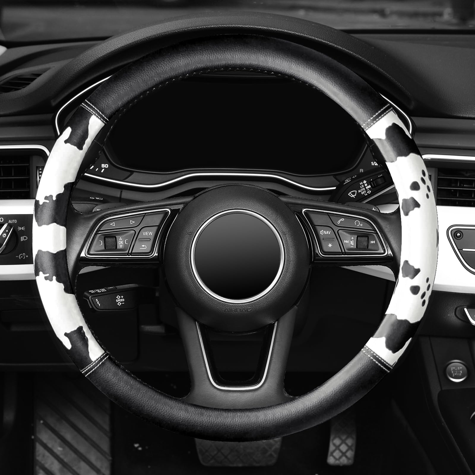 ZHOL cow-print steering wheel cover features soft microfiber for comfort