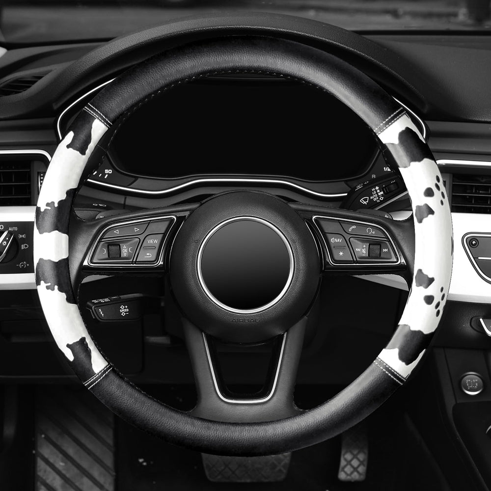 ZHOL cow-print steering wheel cover features soft microfiber for comfort