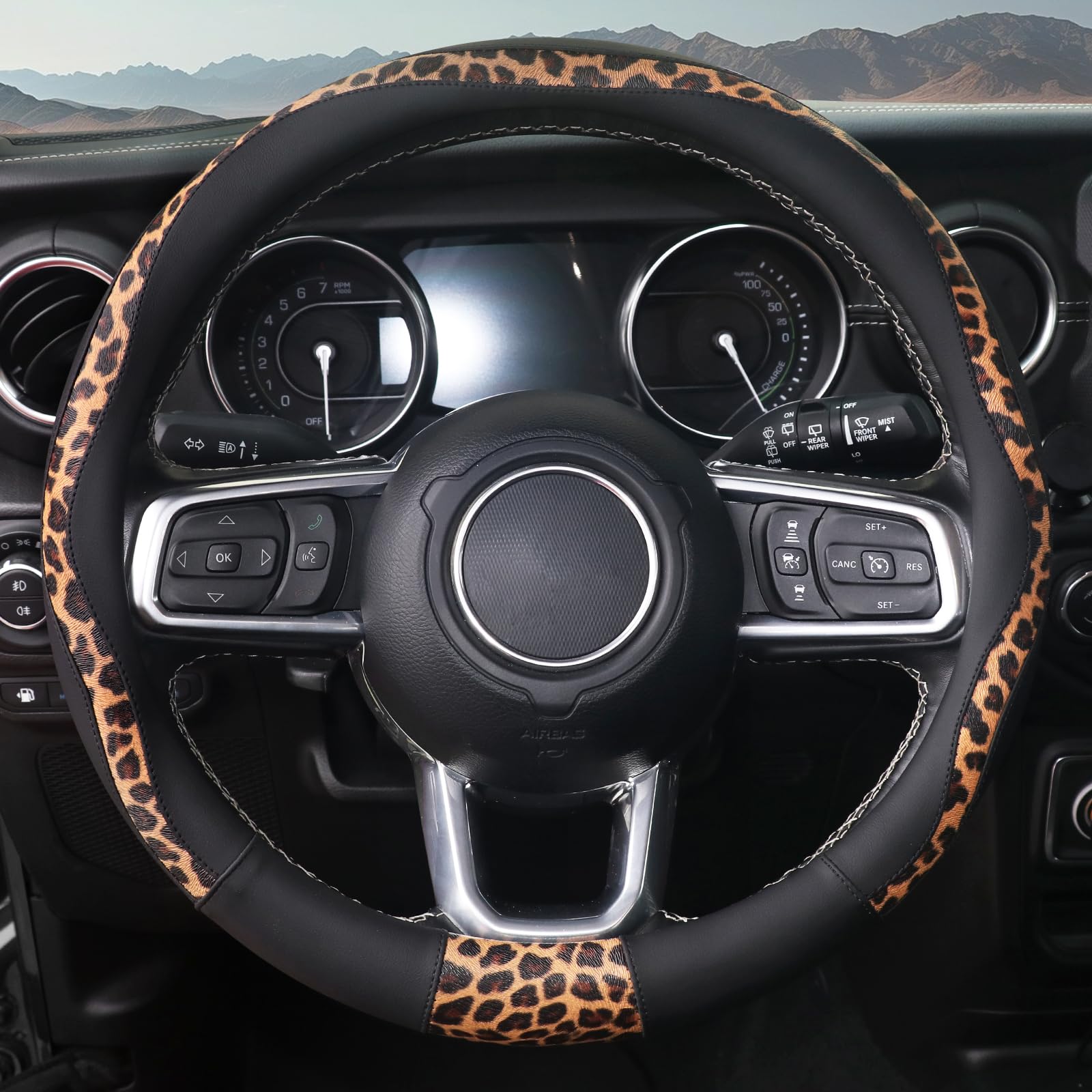 ZHOL leopard steering wheel cover closeup texture highlights premium microfiber leather.