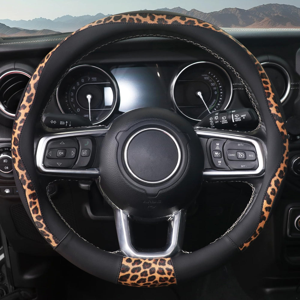 ZHOL leopard steering wheel cover closeup texture highlights premium microfiber leather.