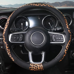 ZHOL leopard steering wheel cover closeup texture highlights premium microfiber leather.