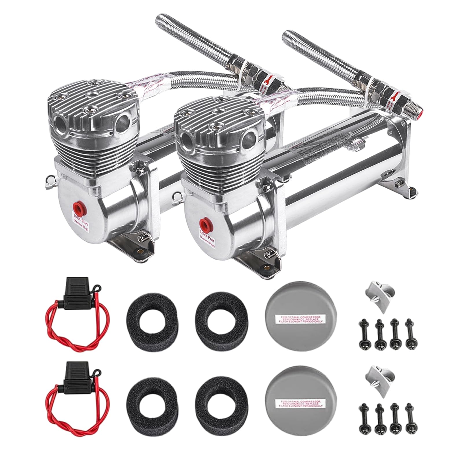 ZHSYMX heavy-duty 200psi air horn compressor dual pack shown with mounting bracket for easy installation.