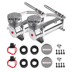 ZHSYMX heavy-duty 200psi air horn compressor dual pack shown with mounting bracket for easy installation.