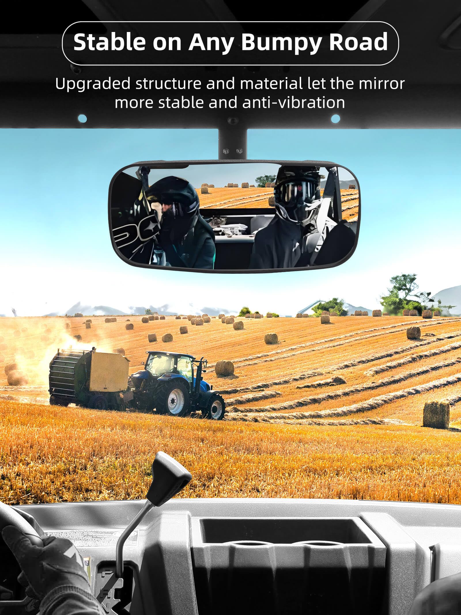 Extended bracket on ZIDIYORUO Polaris Ranger mirror enabling flexible mounting height