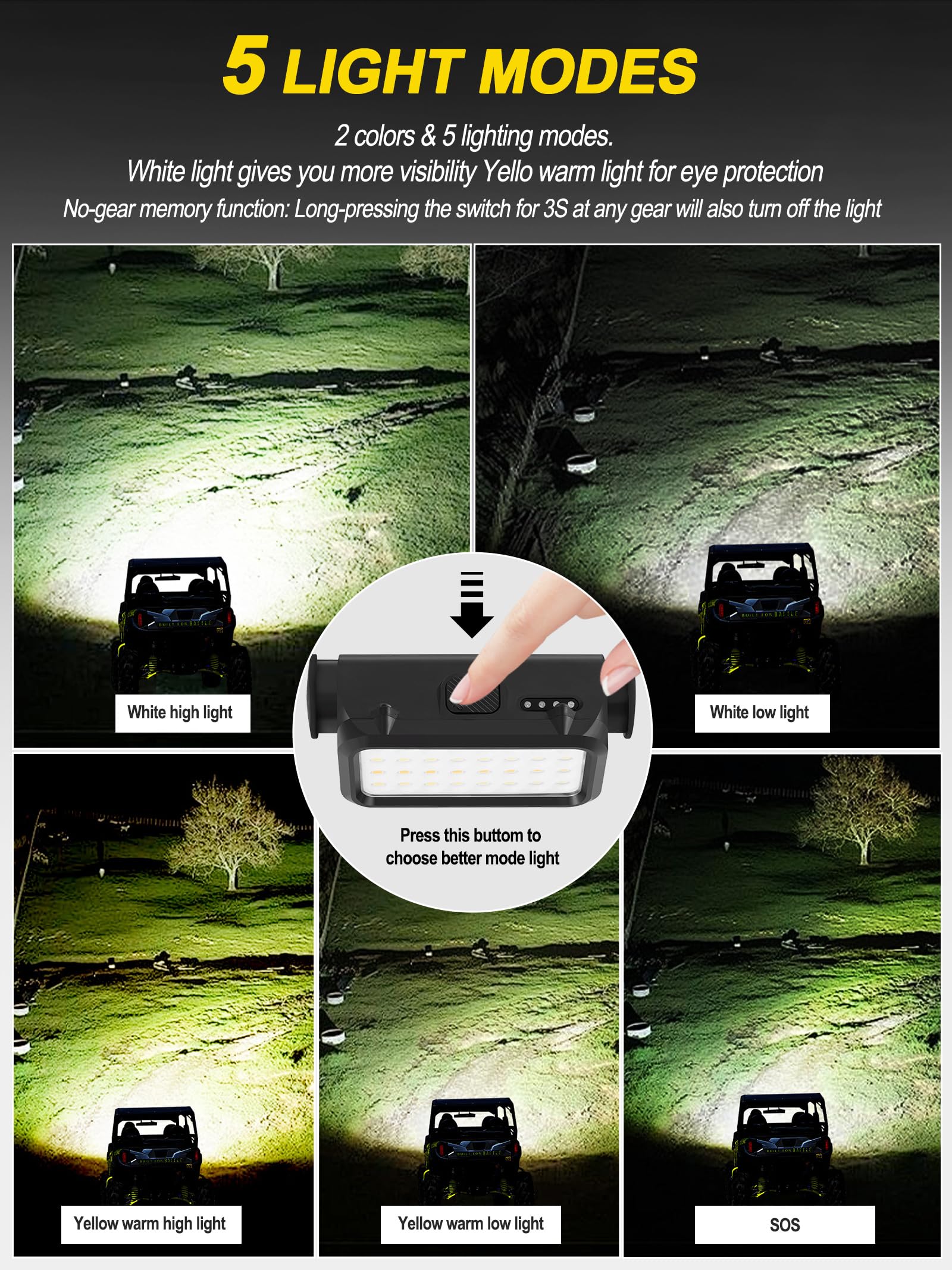 ZIDIYORUO UTV dome light mounted on roof bar for enhanced night visibility.