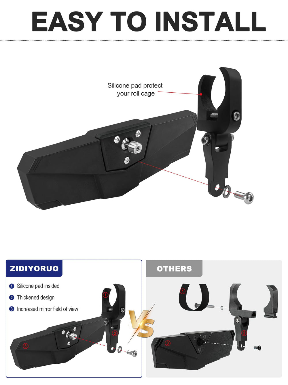 ZIDIYORUO UTV mirror silicone pad protects your roll cage during mounting