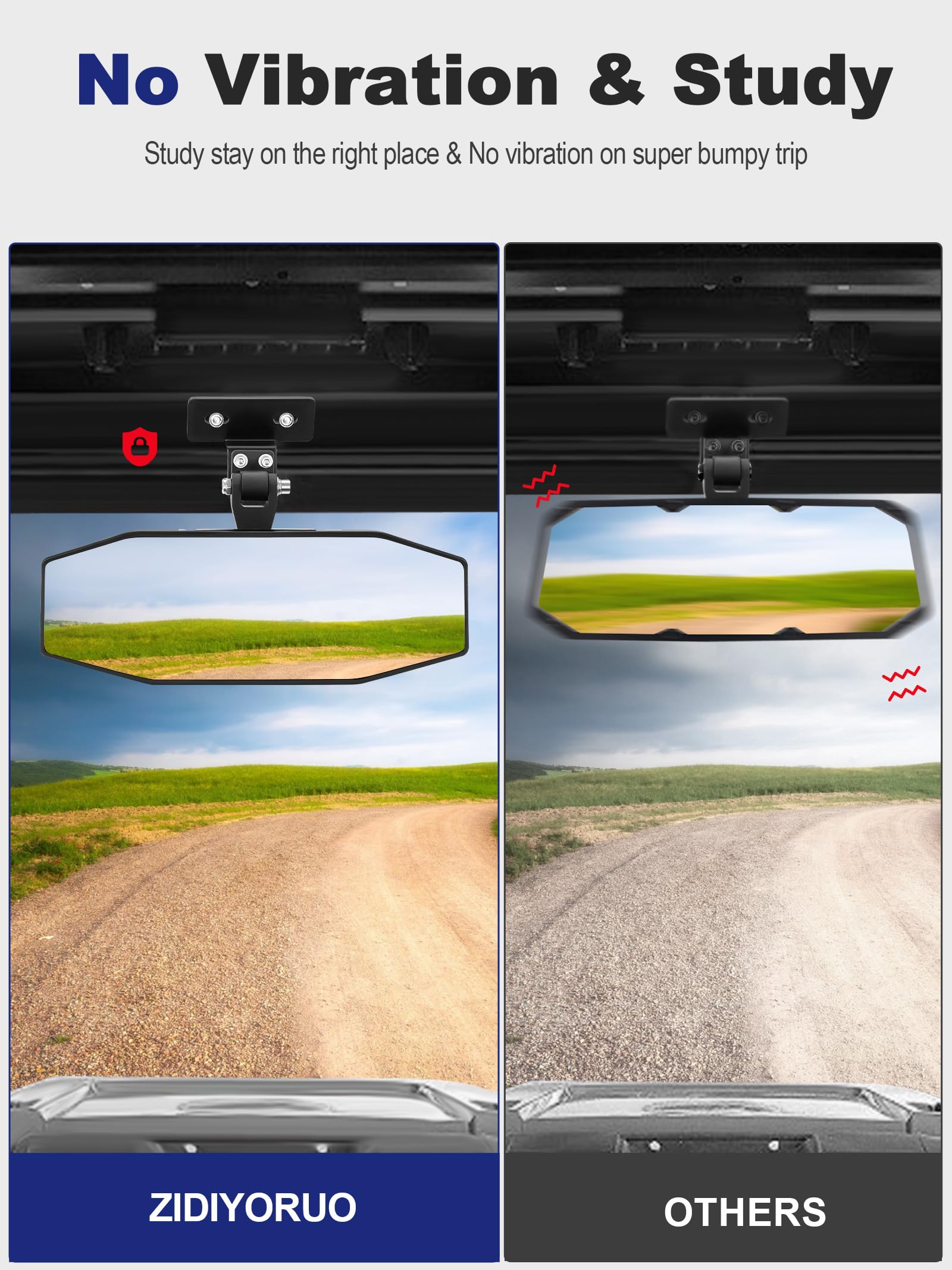 Wide 10.2 by 3.7 inch convex mirror minimizes blind spots.