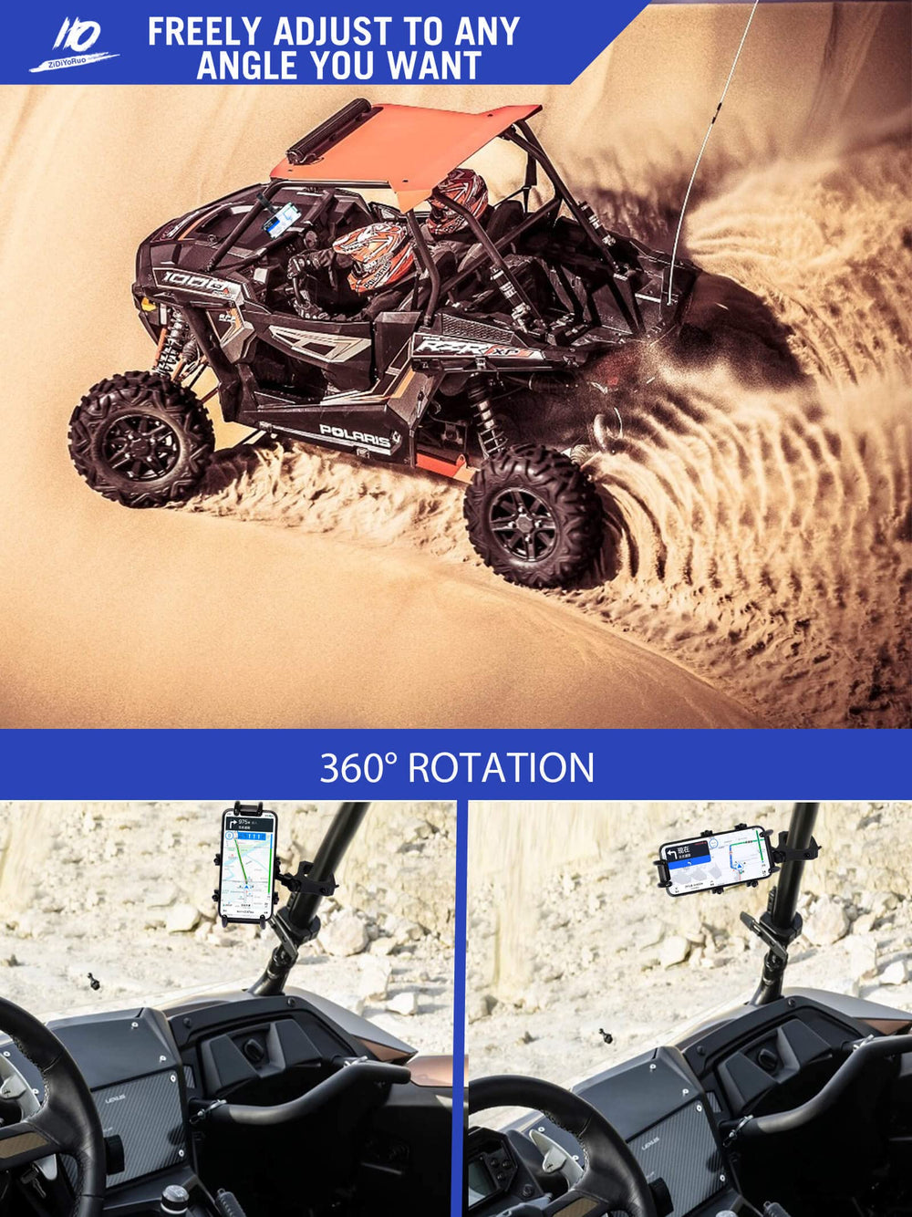 ZIDIYORUO UTV mount with 360-degree rotation for optimal screen angle
