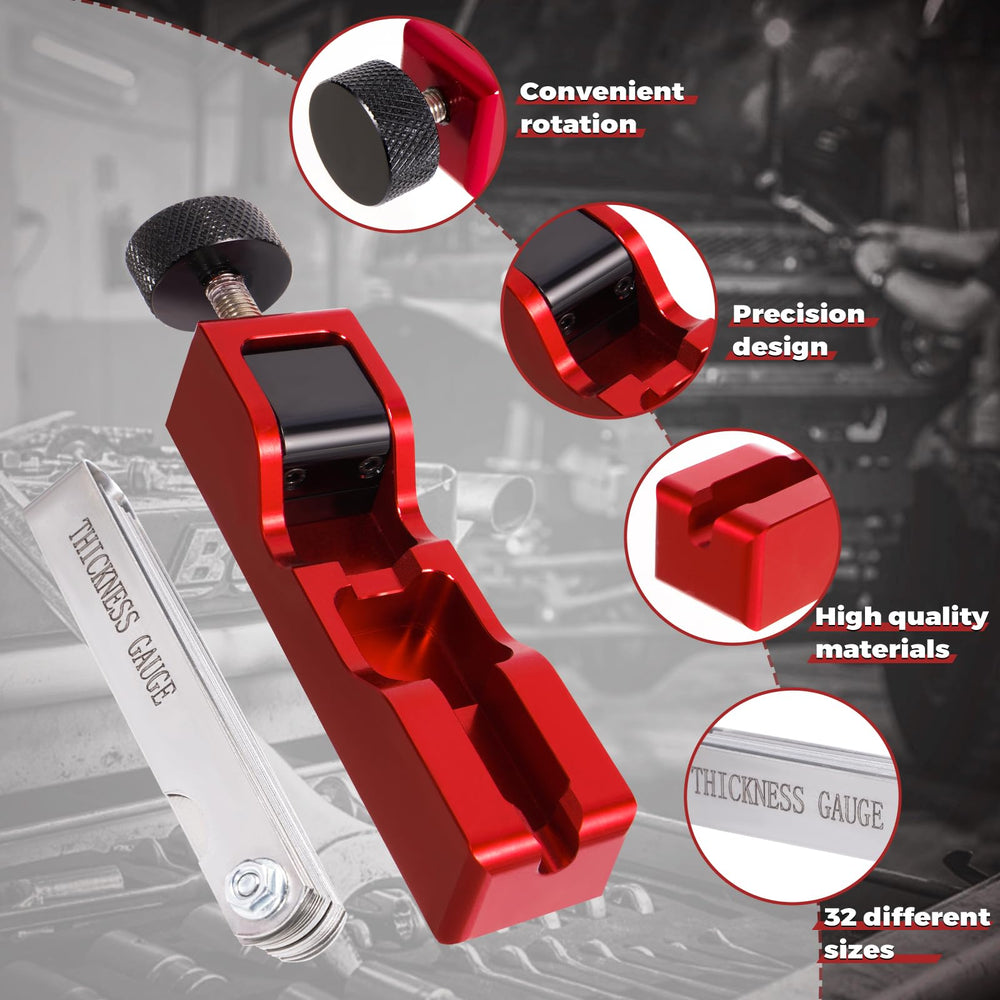 Zihvfzu red spark plug gap tool on a workbench for garage use