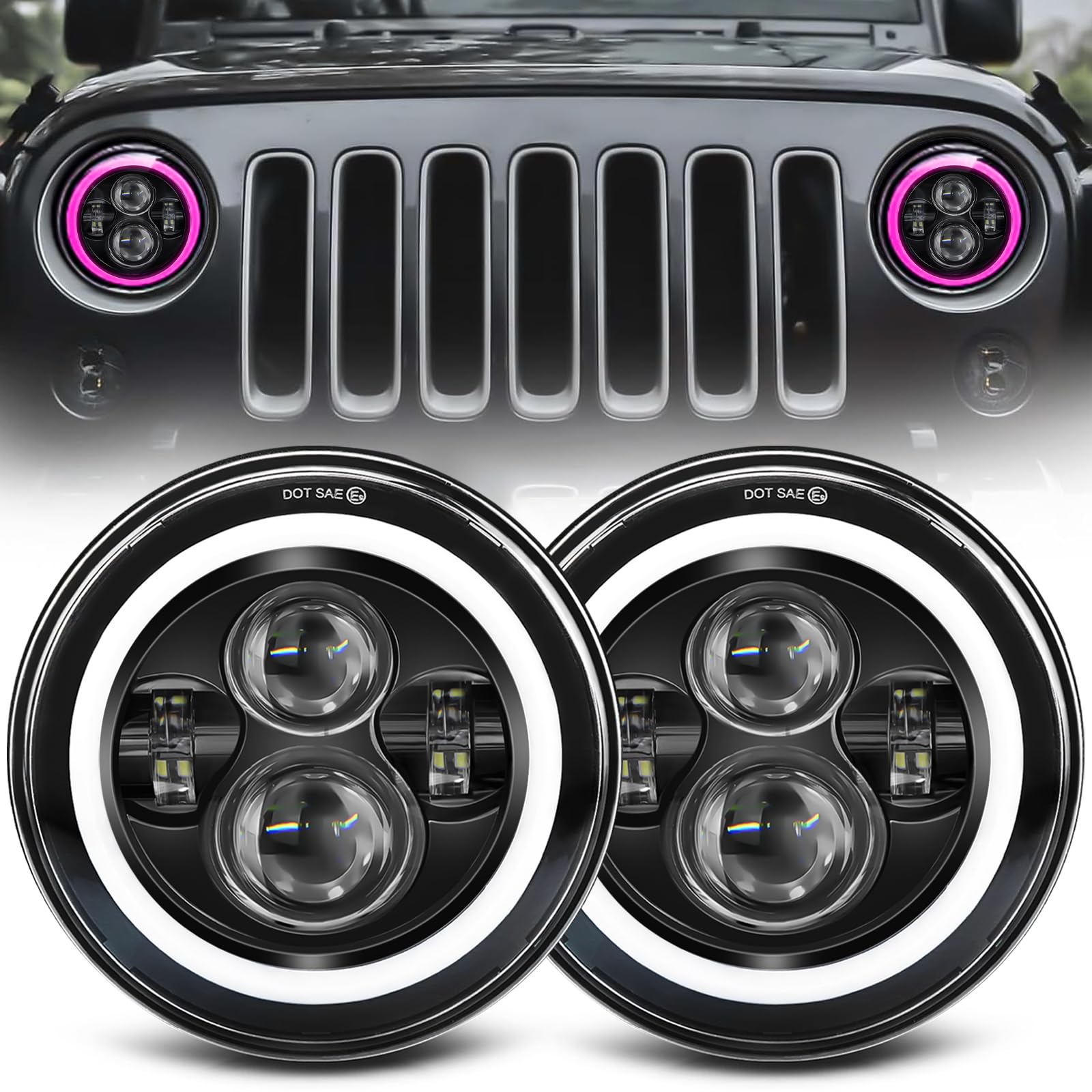 ZIMABLUE 7-inch LED headlights with pink halo for enhanced nighttime visibility