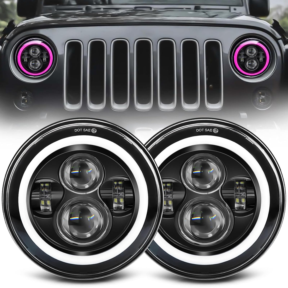 ZIMABLUE 7-inch LED headlights with pink halo for enhanced nighttime visibility