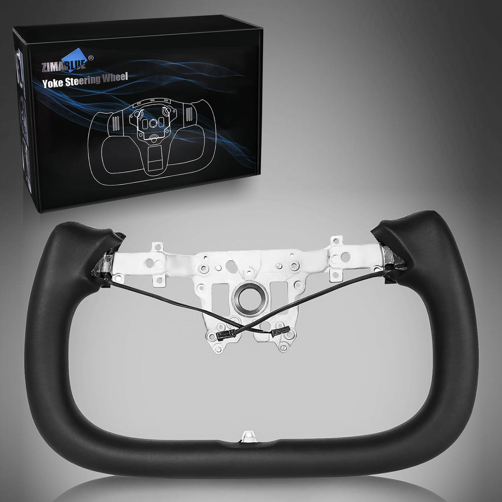 ZIMABLUE Yoke steering wheel with cut-off rim for better dashboard visibility on Tesla Model 3 Highland.