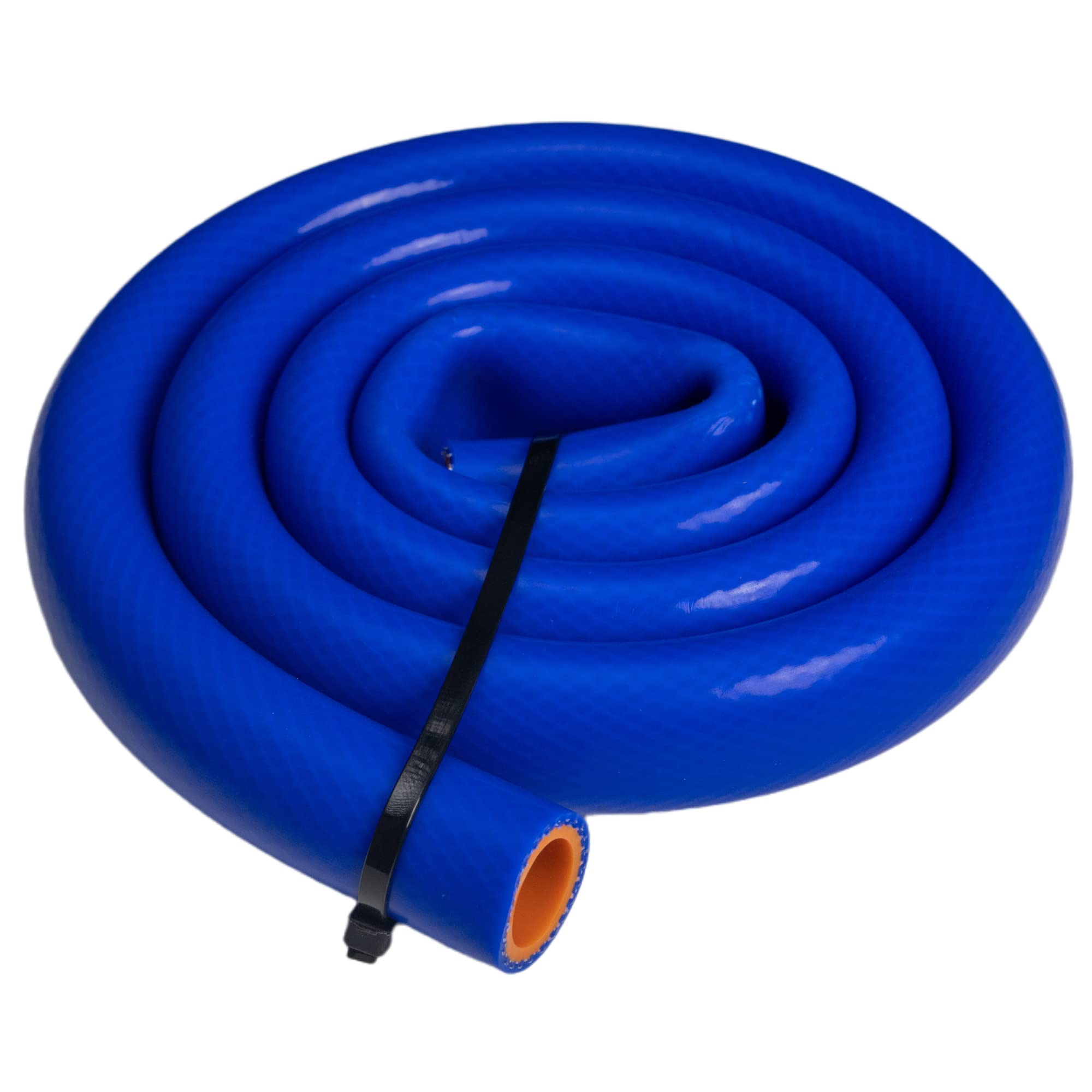 ZIMFLEX silicone heater hose blue reinforced outer view showing durability for automotive cooling systems.