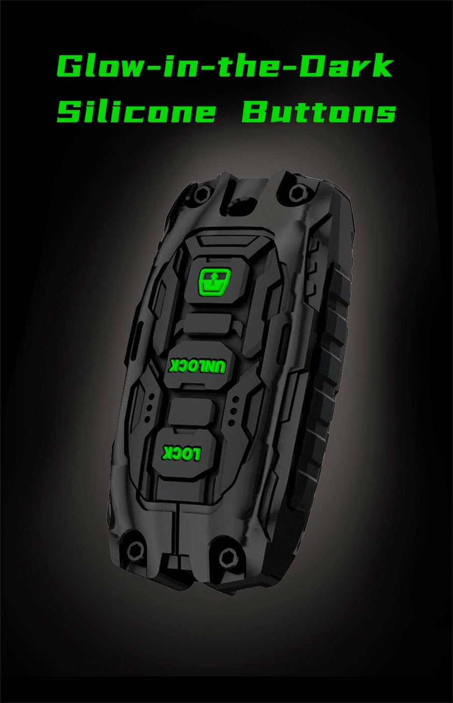 Zincflag glow in the dark silicone buttons on the key fob cover for night use.