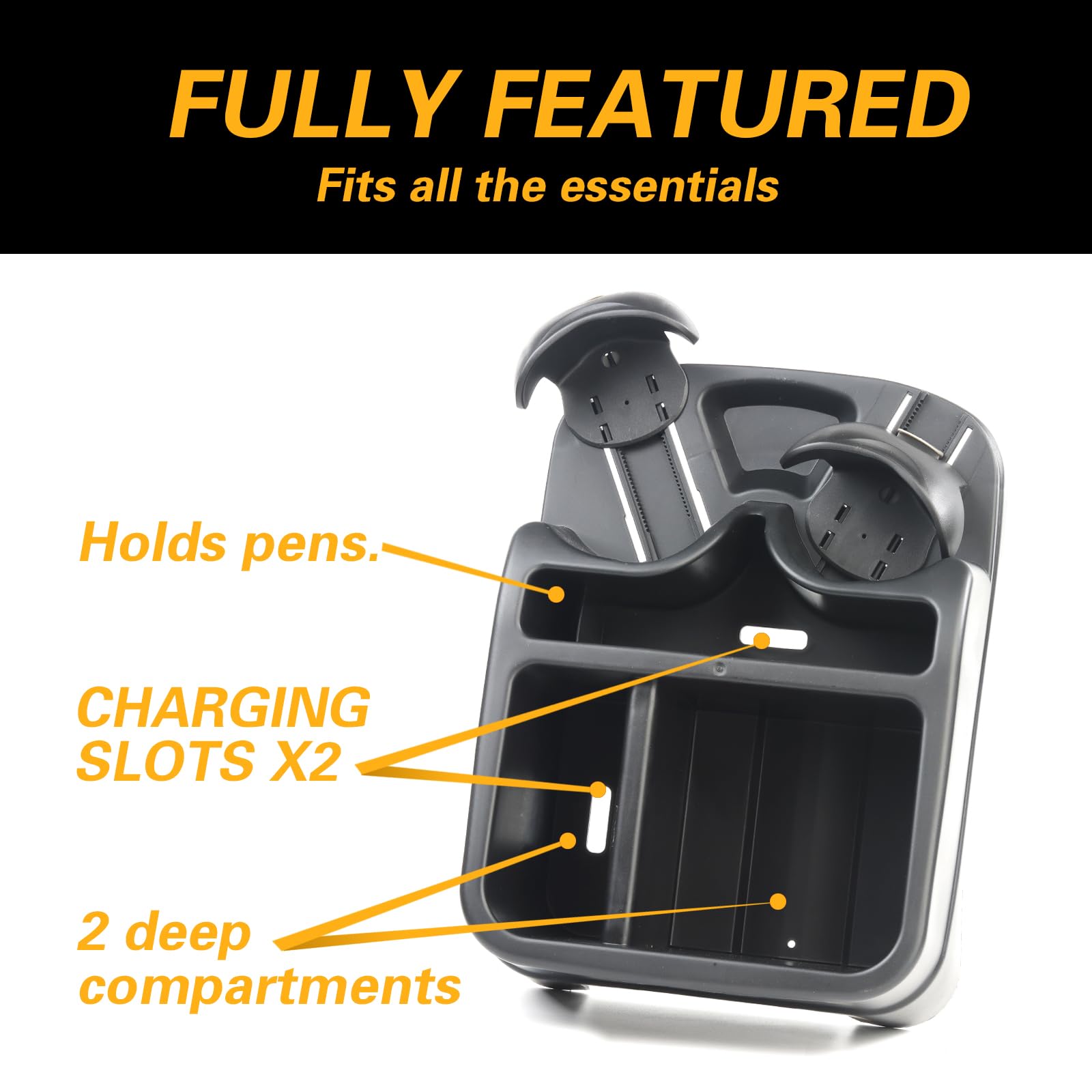 Zinytrae console dimensions showing 13.8 x 10 x 6.1 inches for vehicle fit.