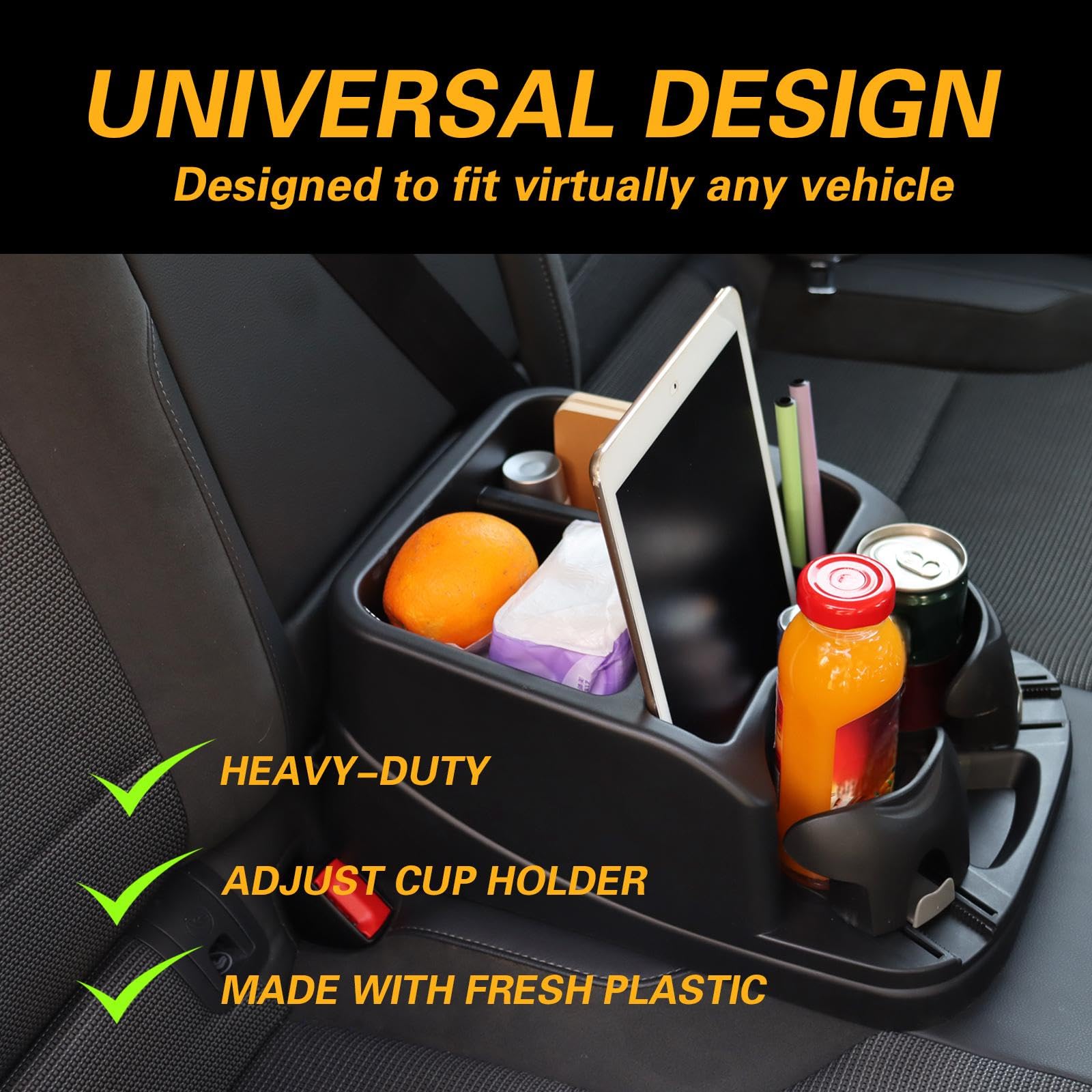Zinytrae center console secured by seatbelt for stability during turns.