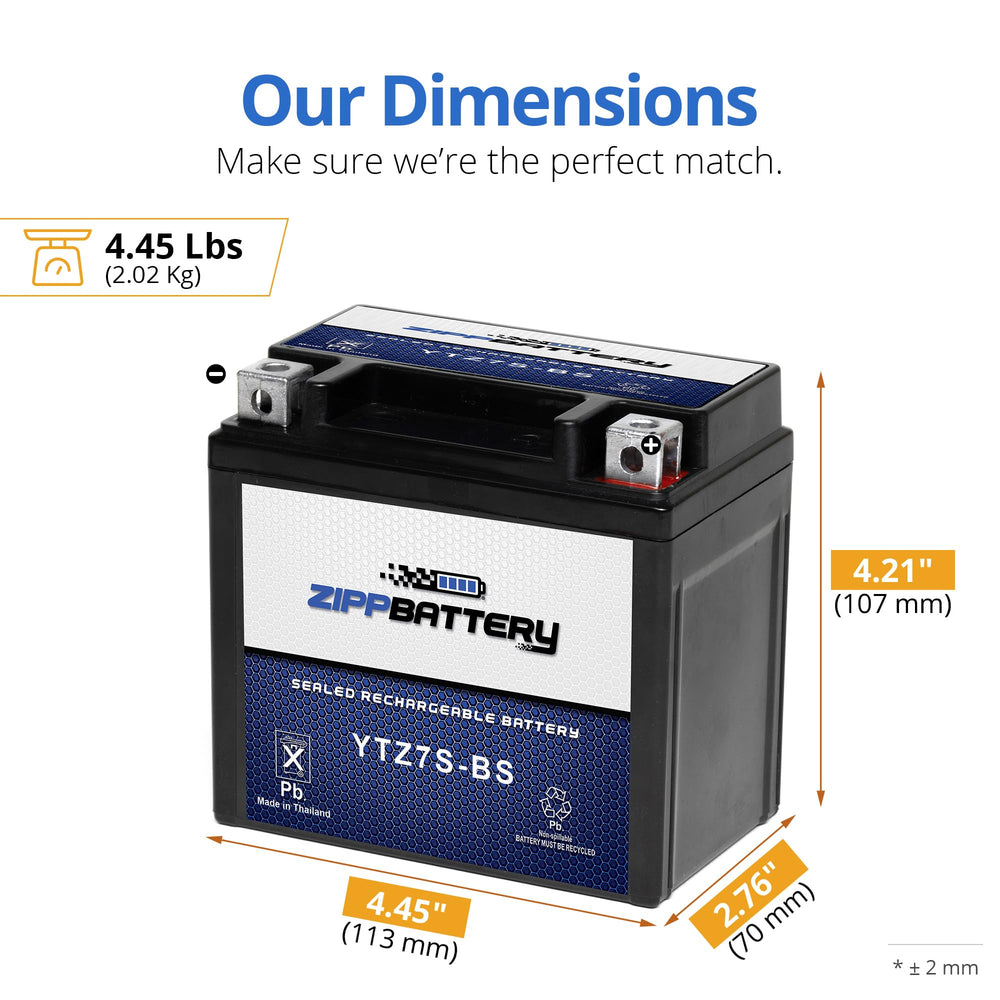 ZIPPBATTERY YTZ7S side view, slim profile ideal for motorcycle installations.