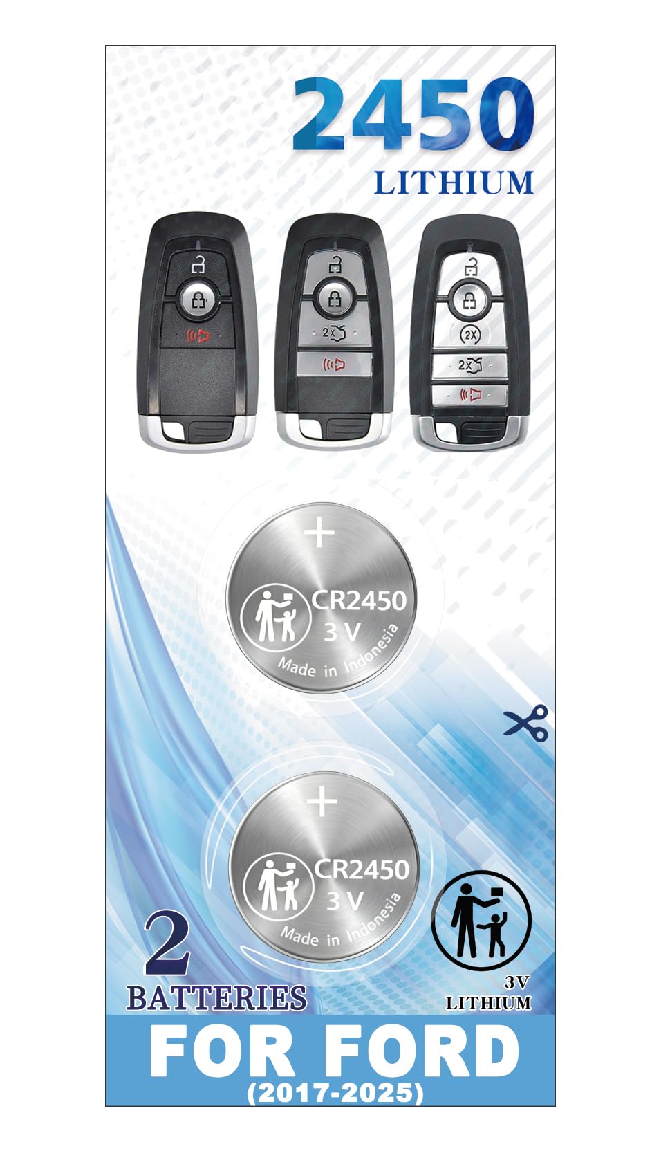 ZIWLU CR2450 replacement battery for Ford/Lincoln fobs, reliable power.