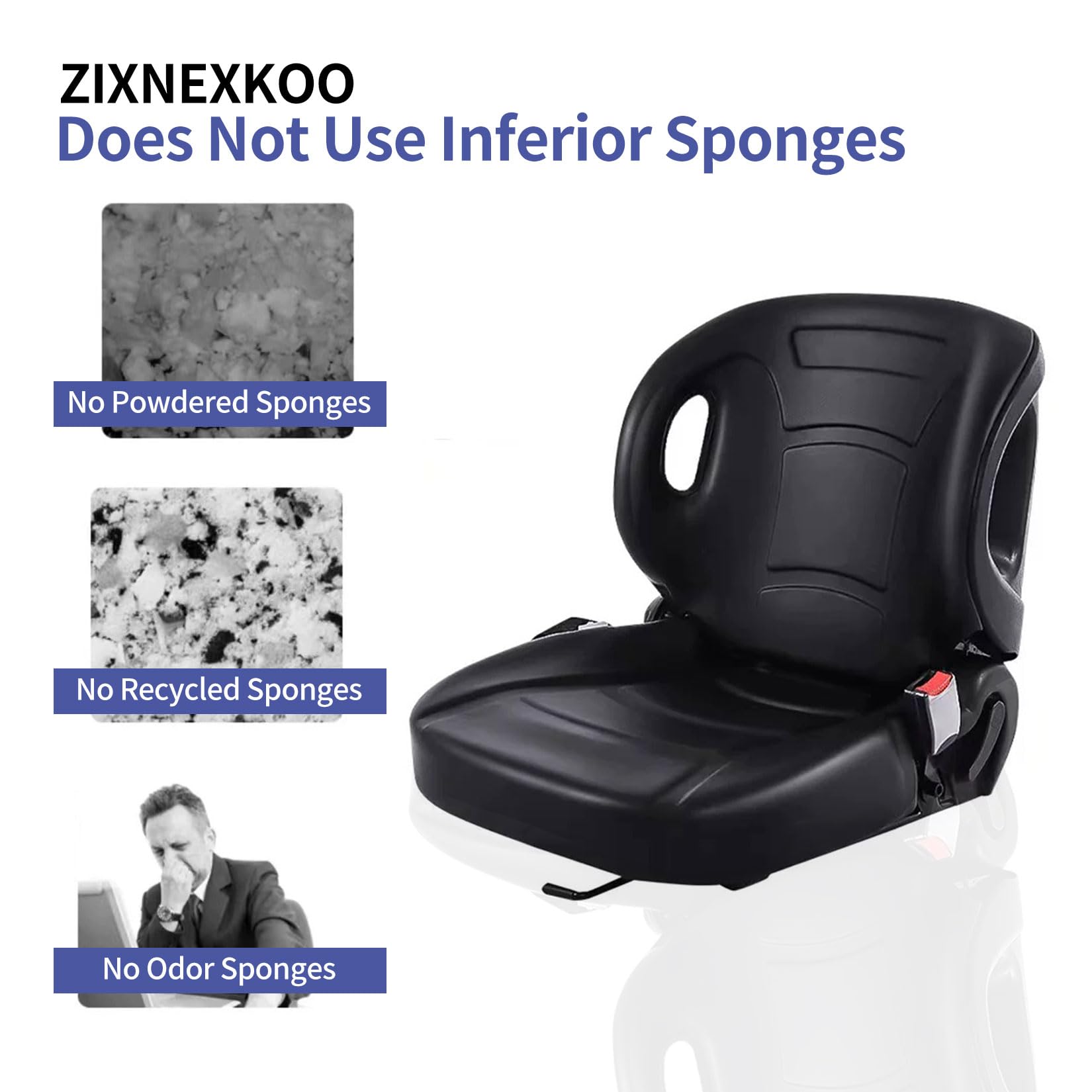 ZIXNEXKOO universal forklift seat fitment side view indicates broad compatibility.