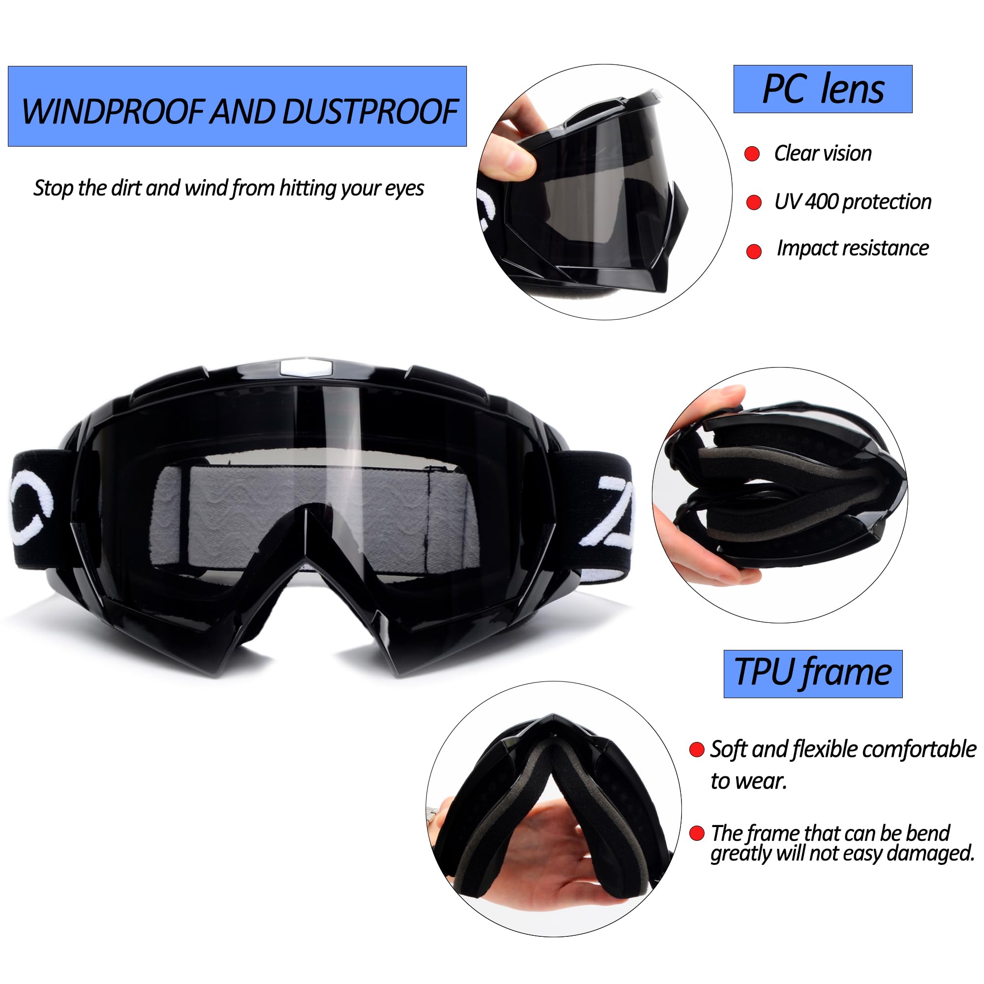 ZJNUO motocross goggles feature protective design for safe riding.