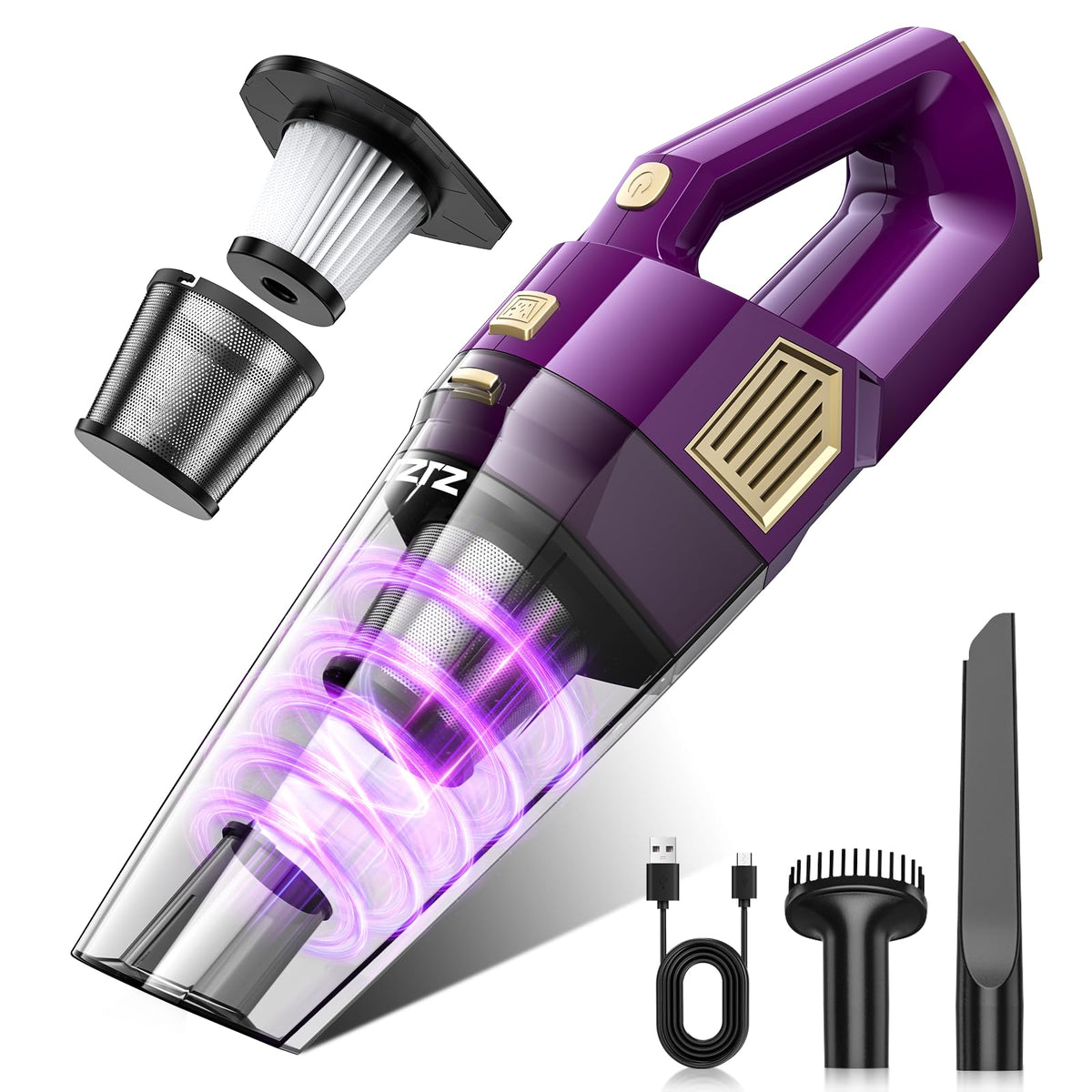 ZJZJ handheld cordless vacuum showing 15000Pa suction for car and home cleaning