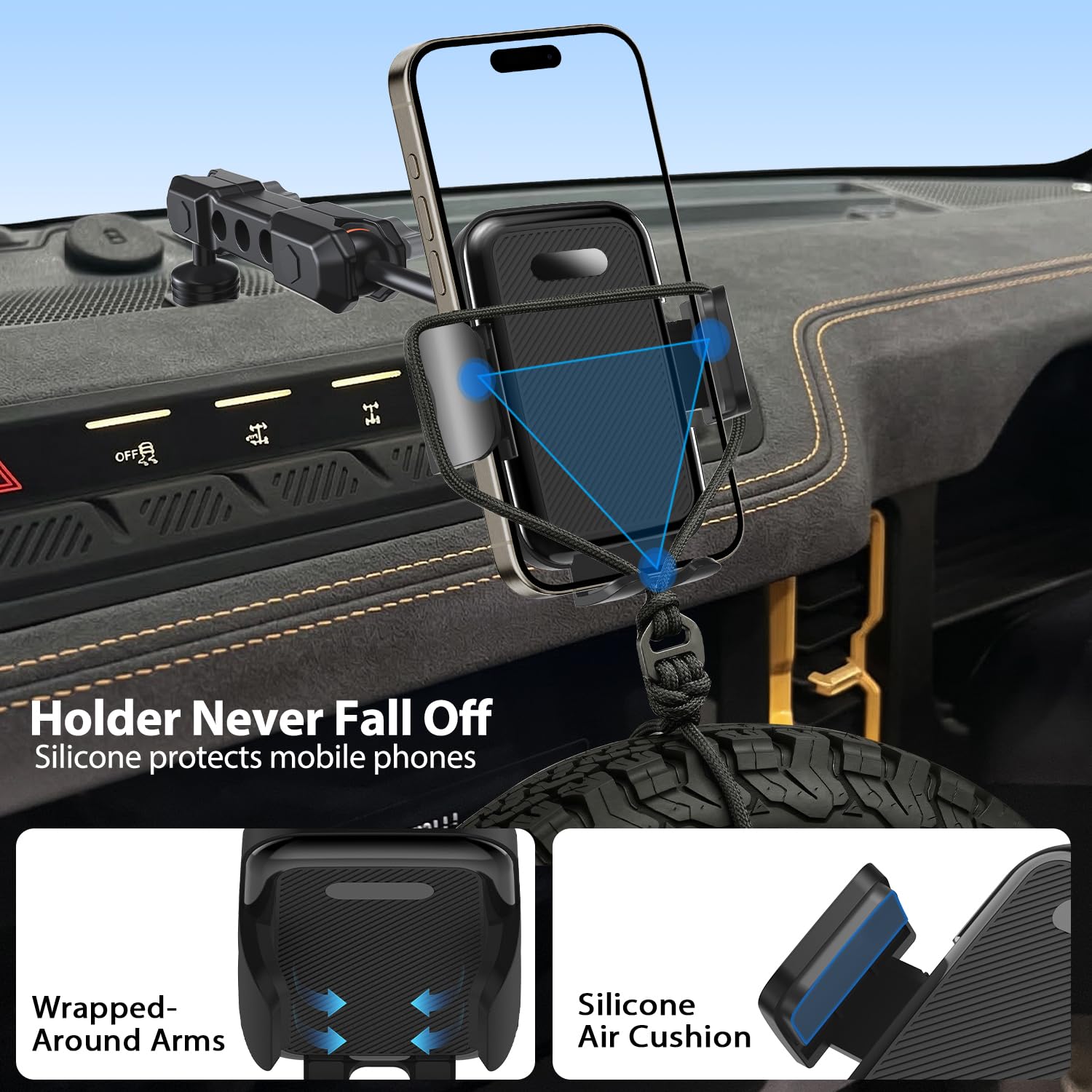 ZKJAYOE Bronco phone mount 360-degree rotation for ideal viewing.