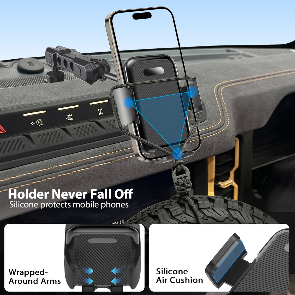 ZKJAYOE Bronco phone mount 360-degree rotation for ideal viewing.