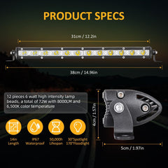 Zmoon 12in LED light bar spot flood beam for long-range and wide coverage