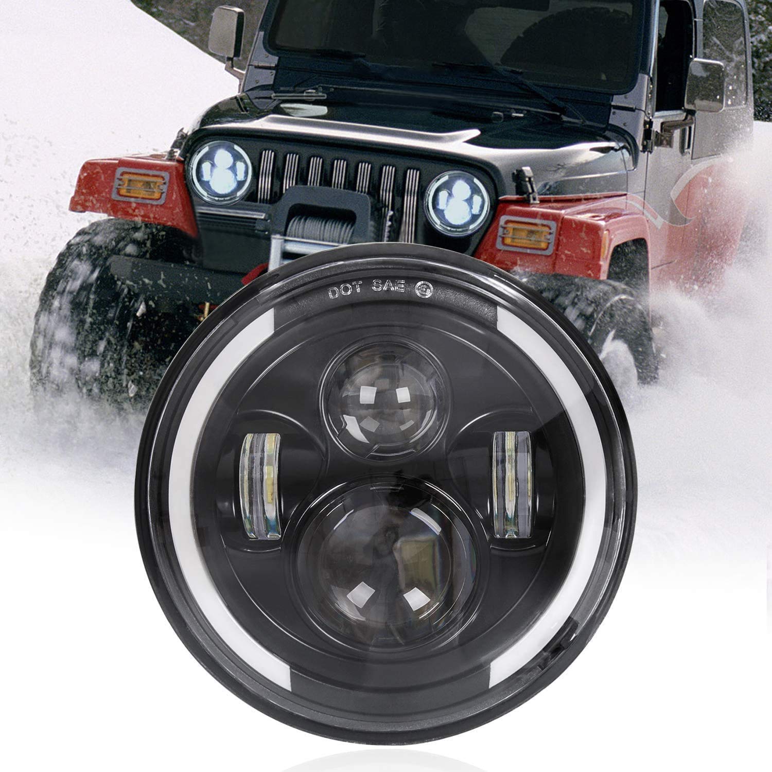 Zmoon 7-inch headlight compatibility with Jeep and Harley bikes shown.