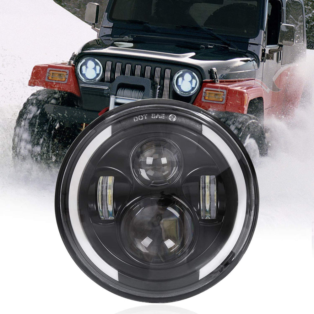 Zmoon 7-inch headlight compatibility with Jeep and Harley bikes shown.