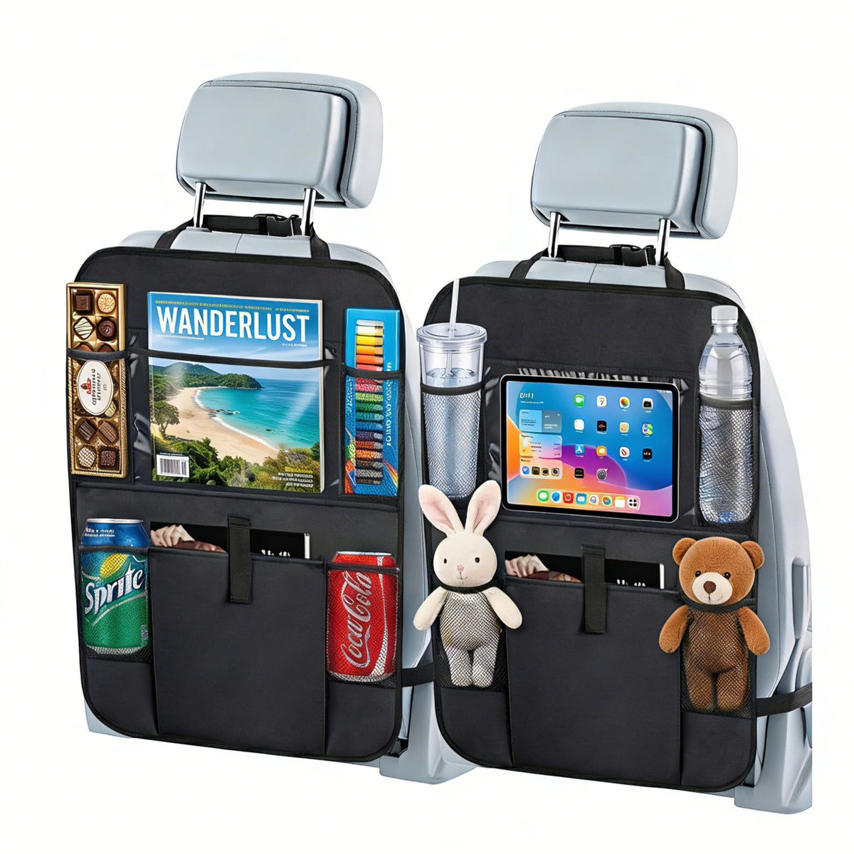 Zntezed backseat organizer with 12 pockets keeps toys, books, and snacks within reach.