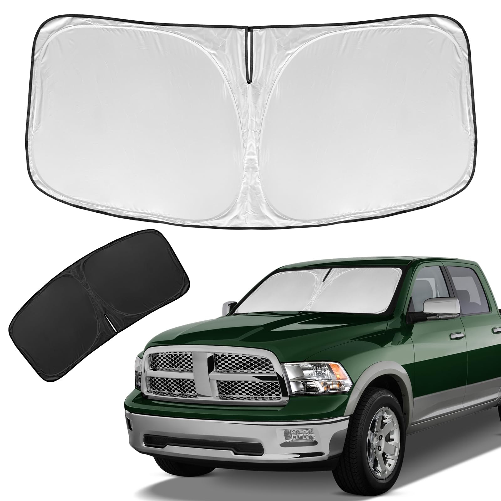 ZOIBV Dodge RAM 1500 sun shade folded neatly for compact storage and quick deployment.