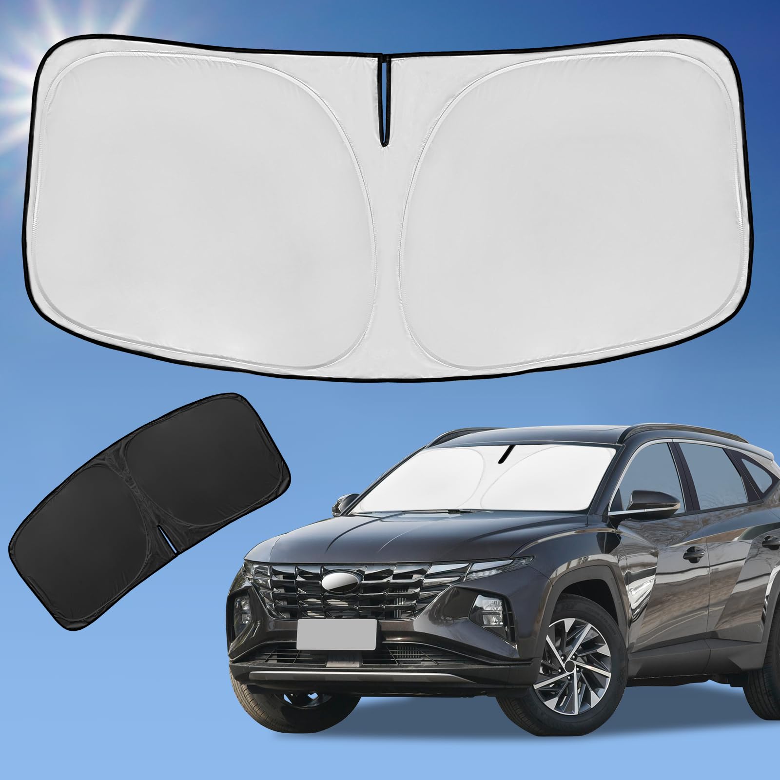 ZOIBV Hyundai Tucson sun shade covers windshield with four-layer UV protection to reduce heat.